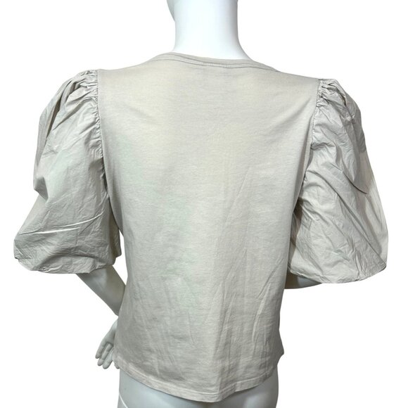 H&M Women Top M Beige Round Neck Short Voluminous Balloon Sleeves Cotton Stretch - Picture 3 of 11